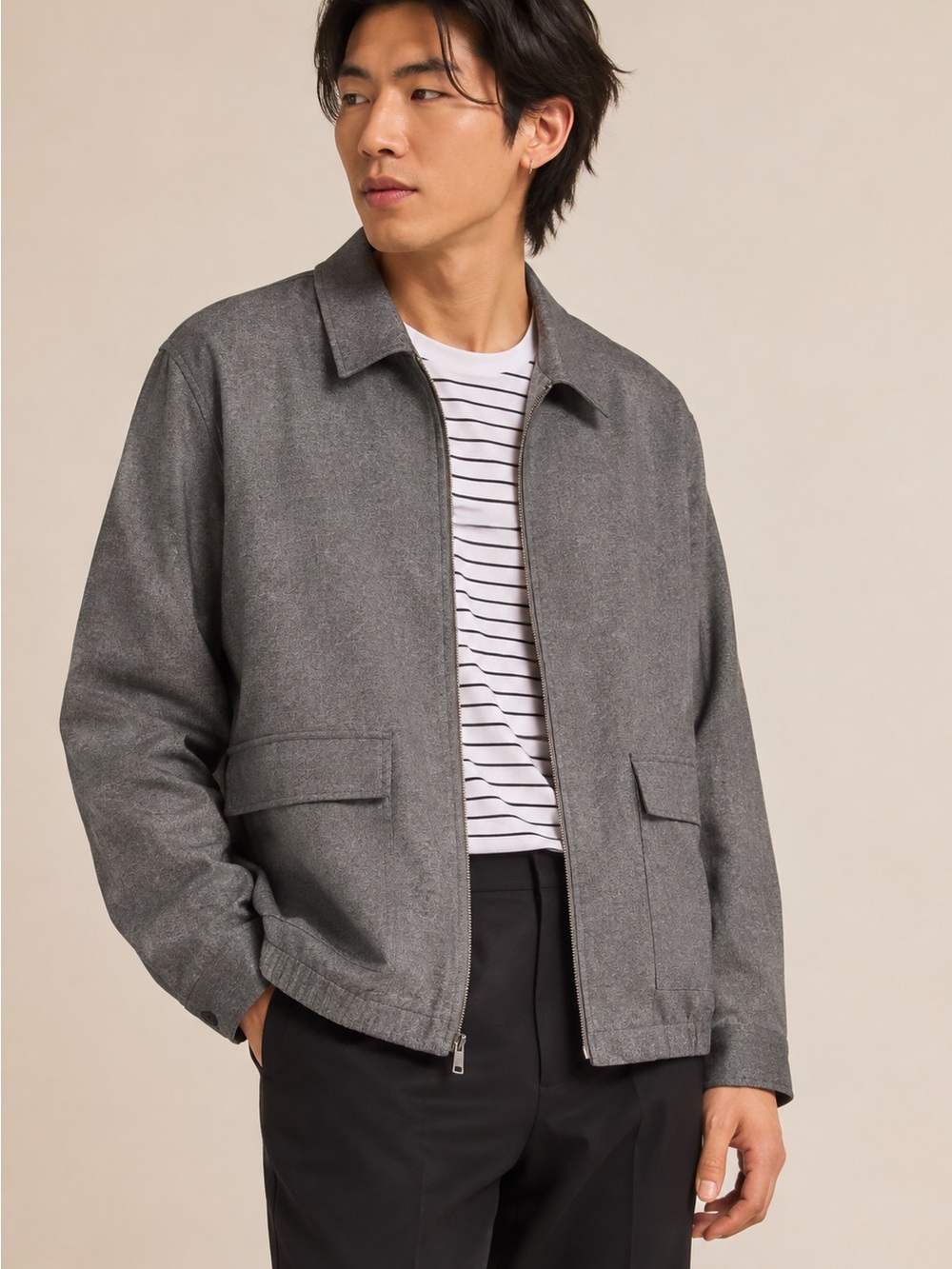 Open Edit Point Collar Bomber Jacket Grey Heather Size XL